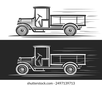 Vector logo for Retro Truck, horizontal automotive banner with clip art contour illustration of vintage truck in moving, line art running monochrome classic retro lorry on black and white backgroun