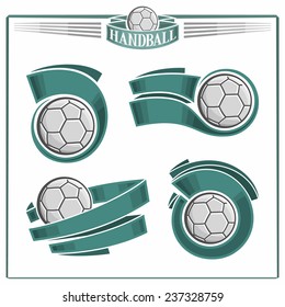 Vector logo for retro vintage emblem handball balls with blue ribbons for inscriptions of names of sports clubs and text isolated on white background