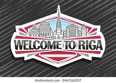 Vector logo for Riga, white decorative label with outline illustration of famous detailed riga city scape on day sky background, line art design refrigerator magnet with black words welcome to riga