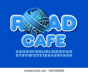 
Vektorillustration Logo Road Cafe mit dekorativem Globe. Blaue moderne Schriftart. Glossy Alphabet Letters and Numbers