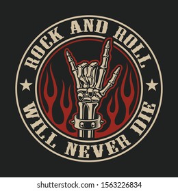 Vector logo with rock hand sign in fire on the dark background.