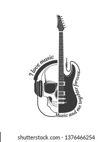 Vector logo of rock music. Electric guitar and skull. Concept graphic design of emblem, element, template, symbol, label, sign, poster or print for t-shirt.