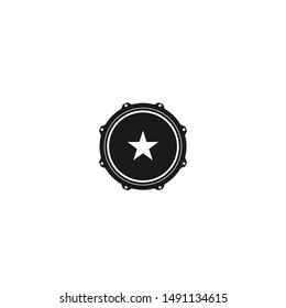 Vector logo of rock school or rock band. Snare drum with star. Rock music label. Vecor logo isolated on white. 