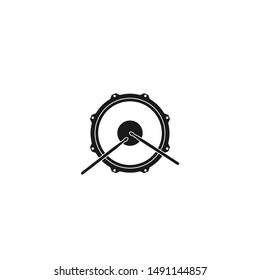 Vector logo of rock school or rock band. Snare drum with drumsticks. Rock music label. Vecor logo isolated on white. 