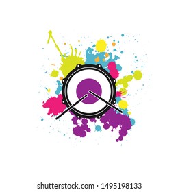 Vector logo of rock school or rock band. Snare drum with drumsticks and bright paint drops or splashes. Rock music label. Vecor logo isolated on white. 