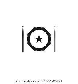 Vector logo of rock school or rock band. Snare drum with drumsticks. Rock music label. Vecor logo isolated on white. 