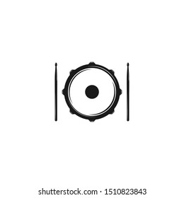 Vector logo of rock school or rock band. Snare drum with drumsticks. Rock music label. Vecor logo isolated on white. 