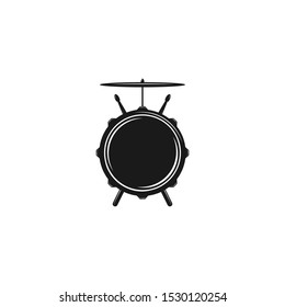 Vector logo of rock school or rock band. Snare drum with drumsticks and cymbals. Rock music label. Vecor logo isolated on white. 