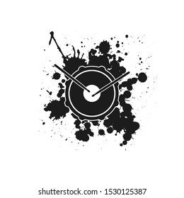 Vector logo of rock school or rock band. Snare drum with drumsticks and ink or paint drops and blots. Rock music label. Drummer symbol. Vecor logo isolated on white. 