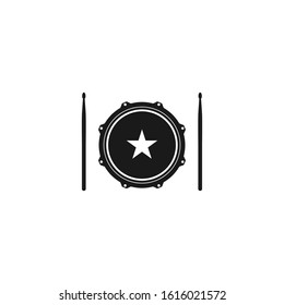 Vector logo of rock school or rock band. Snare drum with drumsticks. Rock music label. Vecor logo isolated on white. 