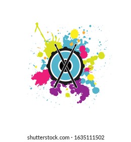 Vector logo of rock school or rock band. Snare drum with drumsticks and bright paint drops or splashes. Rock music label. Vecor logo isolated on white. 