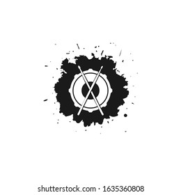 Vector logo of rock school or rock band. Snare drum with drumsticks and ink or paint drops and blots. Rock music label. Drummer symbol. Vecor logo isolated on white. 