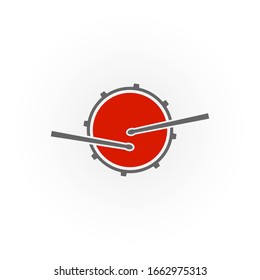 Vector logo of rock school or rock band. Snare drum with drumsticks. Rock music label.