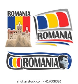 Vector logo for Romania, 3 isolated illustrations: Bran castle in Transylvania on background of national state flag, symbol of Romania architecture and romanian flag beside vampire Dracula close-up