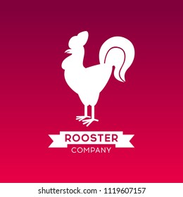 Vector logo with rooster silhouette on red background.