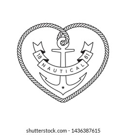 Vector logo rope heart with nautical anchor and ribbon. Text 1881 Nautical. Isolated on white background.
