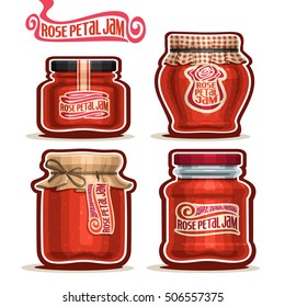 Vector logo Rose Petal Jam in Jars with paper cover lid, pink Pot home made rose petal jams, twine rope bow, homemade jam jar, floral nectar jelly pot with label, checkered cloth cap isolated on white