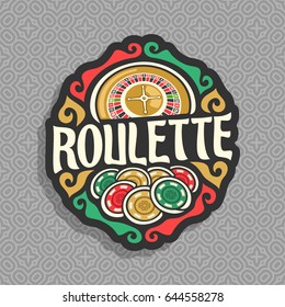 Logotipo vectorial para juego de ruleta: rueda de la ruleta americana con doble cero, montón de fichas de juego, título de texto - ruleta, icono sobre el patrón gris sin costura para juego de juegos, clip art símbolo para el casino.