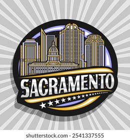 Logotipo del Vector para Sacramento, etiqueta decorativa negra con la ilustración de la línea del paisaje de la ciudad de Sacramento en el fondo del cielo nocturno, imán del refrigerador del diseño del arte con la letra única para el texto Sacramento