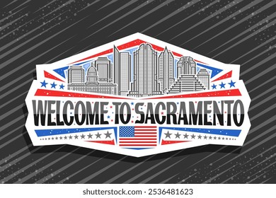 Logotipo vetorial para Sacramento, emblema de papel cortado decorativo com ilustração de linha da paisagem urbana da cidade de sacramento no fundo do céu do dia, ímã de refrigerador de design de arte com palavra preta bem-vindo ao sacramento