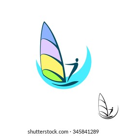 Vector logo sailing. Abstract colorful illustration of a sailboat with a man on a wave.