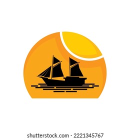 vector and logo of a sailing ship silhouette with a sunset background