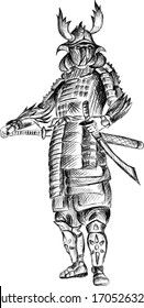 El logotipo Vector Samurai para el diseño de tatuajes o camisetas o ropa interior.  Fondo Samurai de estilo de impresión curada. Este dibujo a mano sería agradable de hacer en el tejido negro o lienzo.