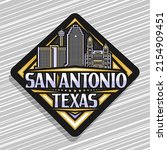 Vector logo for San Antonio, black rhombus road sign with outline illustration of texan city scape on dusk sky background, decorative label with unique brush lettering for words san antonio, texas