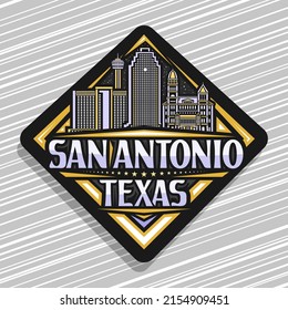 Logotipo vectorial para San Antonio, signo de carretera rhombus negro con ilustración de contorno del paisaje de la ciudad texana sobre fondo del cielo del atardecer, etiqueta decorativa con letras únicas de pincel para palabras san antonio, texas