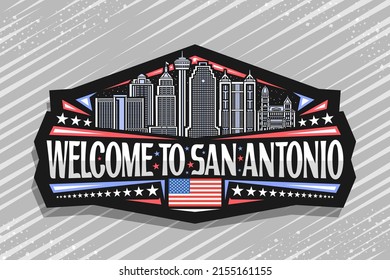 Logotipo vectorial para San Antonio, placa decorativa negra con ilustración de contorno del paisaje de la ciudad texana sobre el fondo del cielo del atardecer, etiqueta de diseño de arte con letras únicas de pincel para palabras bienvenidas a san antonio