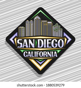 Vector Logo For San Diego, Black Rhombus Road Sign With Outline Illustration Of American City Scape On Dusk Sky Background, Tourist Fridge Magnet With Unique Lettering For Words San Diego, California.