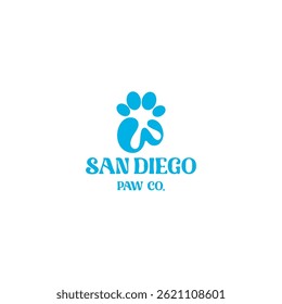 Vector logo for San Diego Paw Co., a pet-focused company. The design features a stylized teal paw print with a heart-shaped pad in the center, symbolizing love and care for animals.
