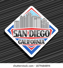 Vector logo for San Diego, white road sign with line illustration of famous city scape on day sky background, art design tourist fridge magnet with unique letters for black words san diego, california
