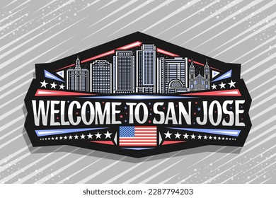 Vector logo for San Jose, black decorative label with line illustration of contemporary californian city scape on dusk sky background, art design refrigerator magnet with text welcome to san jose