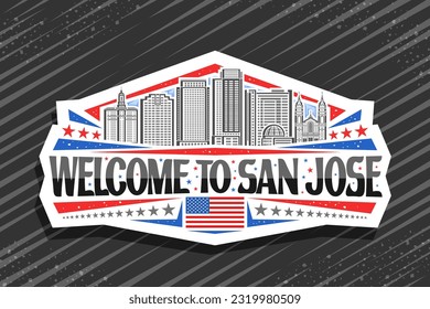 Logotipo vectorial para San José, etiqueta decorativa blanca con ilustración de línea del famoso paisaje de la ciudad californiana sobre fondo del cielo del día, imán de diseño de arte con texto negro bienvenida a san jose