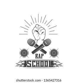 Vector logo. School rap. Microphone, hand and speaker. Musical, training, vocals, training. Emblem, symbol, element. Musical education.
