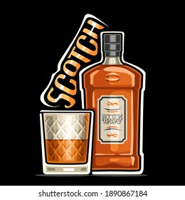 Logotipo vector para Scotch, ilustración de botella clásica marrón con etiqueta decorativa y bigote de whisky de cristal medio cortado, cartel con letras de diseño únicas para whisky de palabra sobre fondo oscuro.