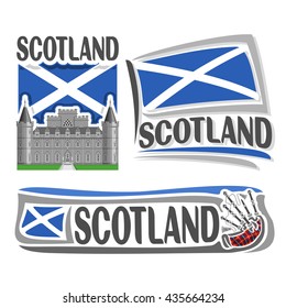 Vector Logo For Scotland, 3 Isolated Illustrations: Inveraray Castle In Argyll On Background Of National State Flag, Symbol Of Scotland Architecture And Scottish Flag, Bagpipes Stewart Tartan Close-up