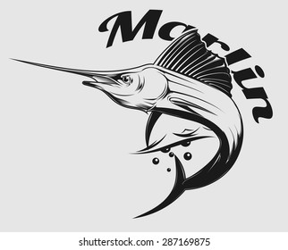 vector logo sea fishing with jumping Marlin or swordfish