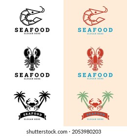Vector logo for Seafood. Fresh fish, oysters, shrimps and crab bar. Vector illustration.