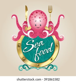Vector logo for seafood restaurant with octopus in porthole