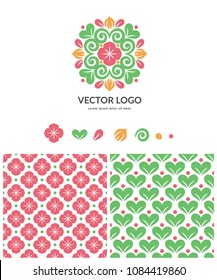 Vector logo with seamless pattern. Can be used for jewelry, beauty and fashion industry. Elegant, classic elements. Great for emblem, monogram, invitation, flyer, menu, brochure, packaging, background