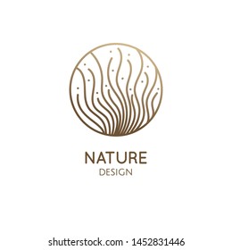 Vector logo of seaweed elements. Round emblem in minimal linear style - design of natural products, flower shop, cosmetics, ecology concept, health, spa, raw food package.