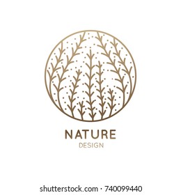 Logotipo vetorial de elementos de algas marinhas. Emblema redondo em estilo linear mínimo - design de produtos naturais, floricultura, cosméticos, conceito de ecologia, saúde, spa, pacote de alimentos crus.