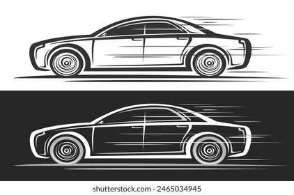 Vector logo for Sedan Car, automotive decorative banner with simple contour illustration of monochrome luxury elegant concept car in moving, contour clipart running sedan on black and white background