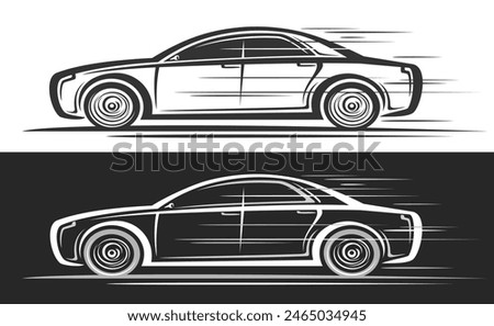 Vector logo for Sedan Car, automotive decorative banner with simple contour illustration of monochrome luxury elegant concept car in moving, contour clipart running sedan on black and white background