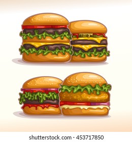 Vector logo set burgers for showcase display: hamburger, cheeseburger, chickenburger homemade. Bun sesame, beef grilled patty, leaf lettuce salad. Big Burger menu for american fast food cafe takeaway