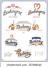 Vector logo set for Cafe or Shop with fresh bakery - calligraphy inscriptions and illustrated elements