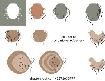 Vector logo set for ceramics,pottery and clay crafting. Hands holding clay jug. Earthenware logo set. Crockery logotype.