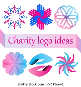 Vector logo set for charity, health, voluntary or nonprofit organization. Collection with blue male and pink female figures, hands and hearts. Six concepts for brand isolated on white background.